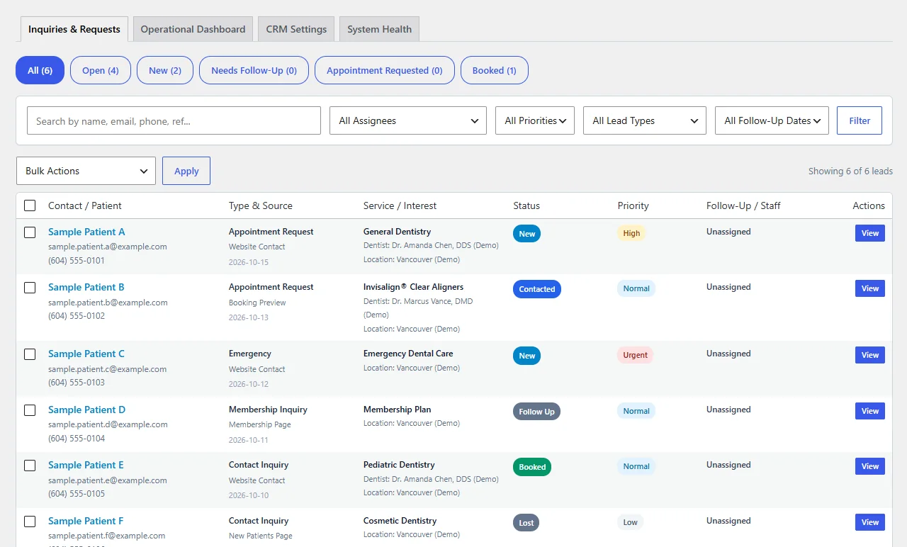 WordPress admin Leads and CRM screen with status filters and six sample enquiries using example.com addresses