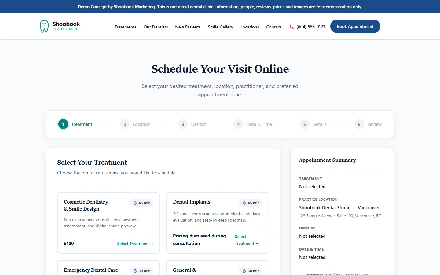 Six-step booking flow in preview mode: treatment, location, dentist, date and time, details and review, with an appointment summary
