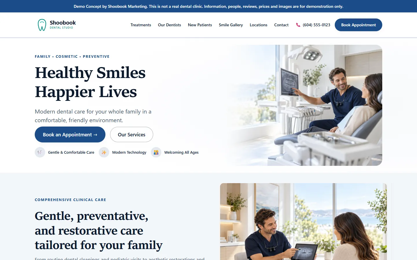 Demo dental clinic homepage on desktop: Shoobook Dental Studio hero with a Book an Appointment button and a demo notice bar