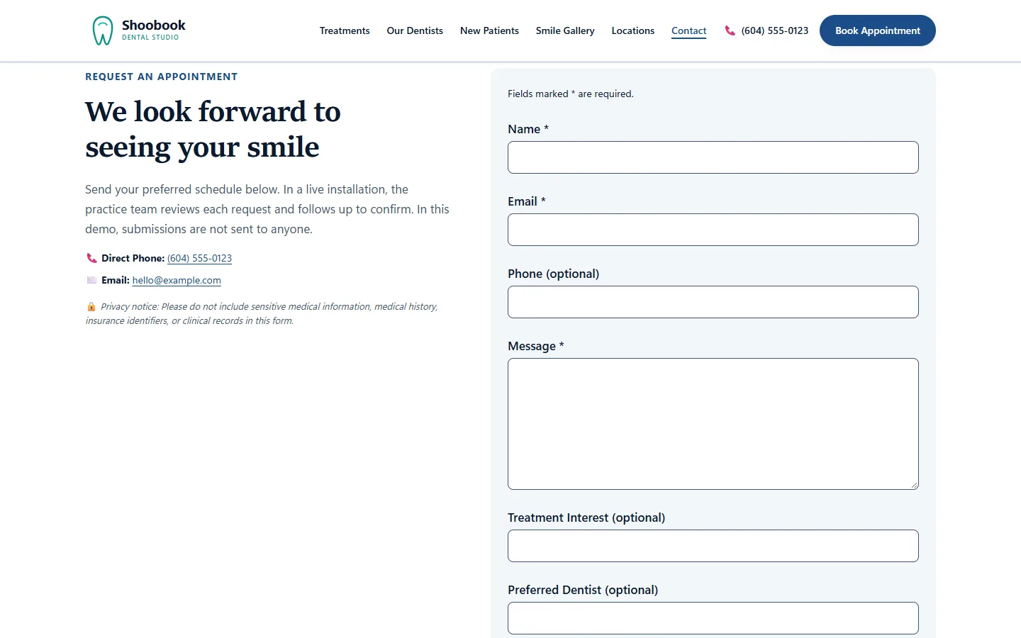 Appointment request form with name, email, phone, message and preferred dentist fields, plus a note asking visitors not to send medical information