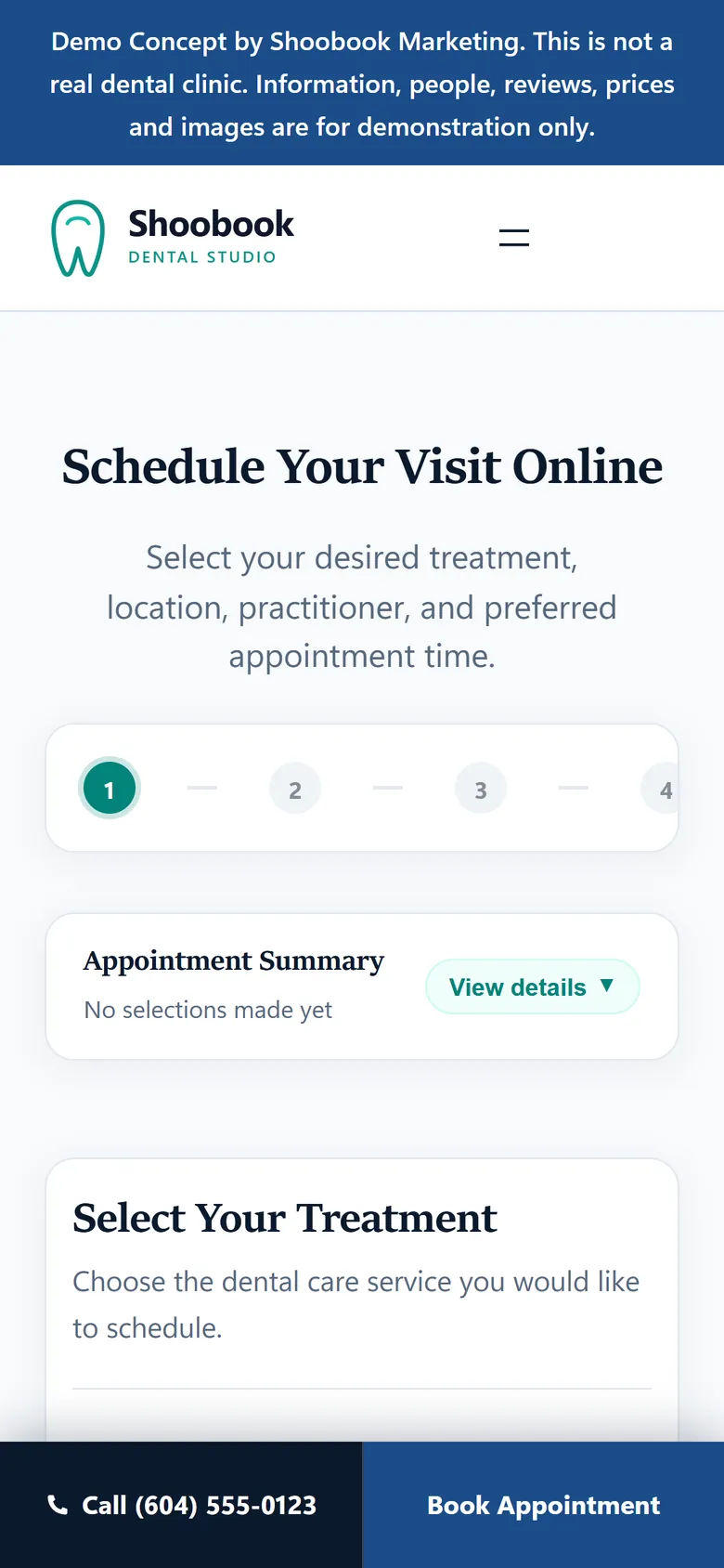 Booking flow preview on a phone with a collapsible appointment summary