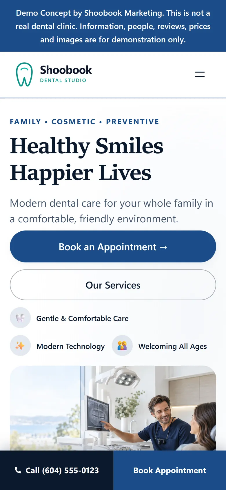 Demo dental homepage on a phone with Call and Book Appointment buttons fixed to the bottom of the screen