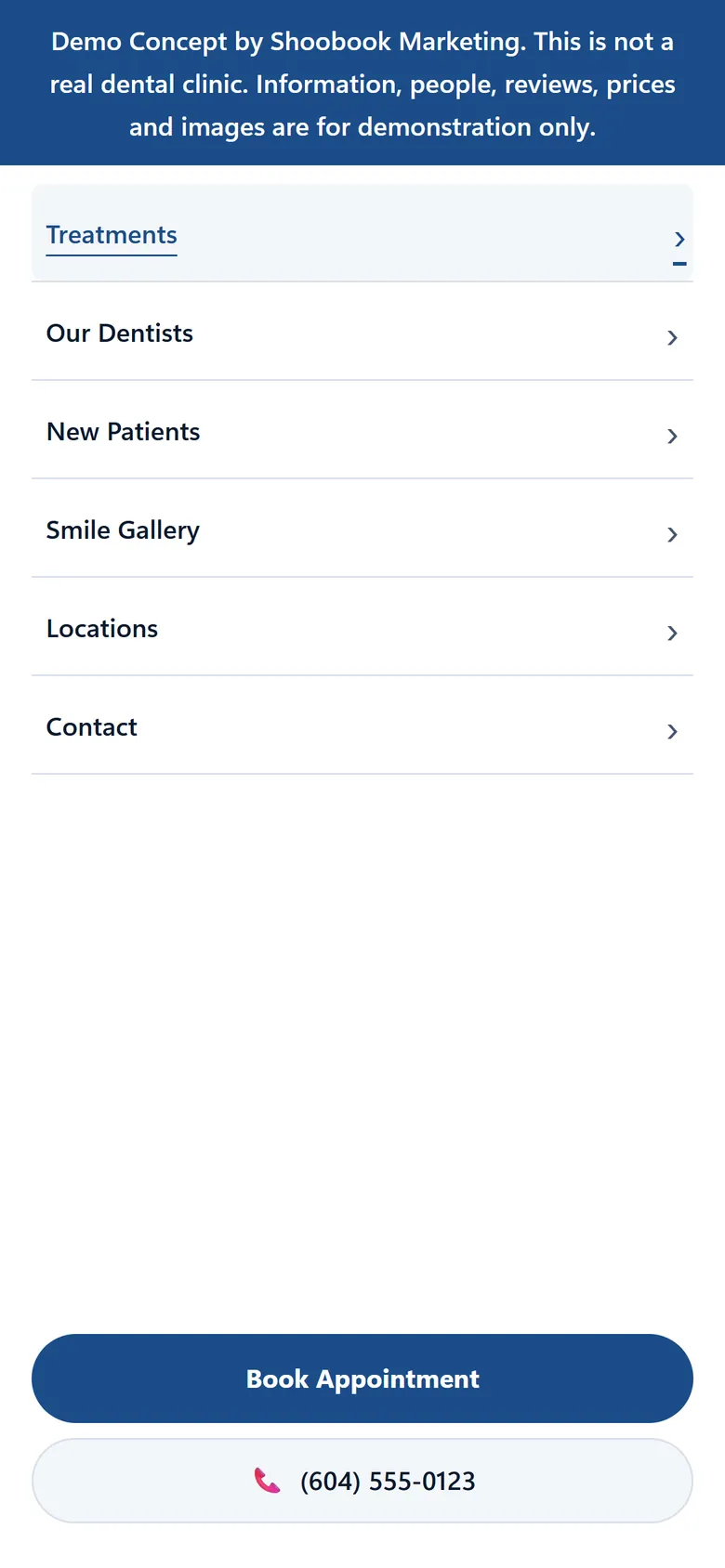 Full-screen mobile menu of the demo dental website