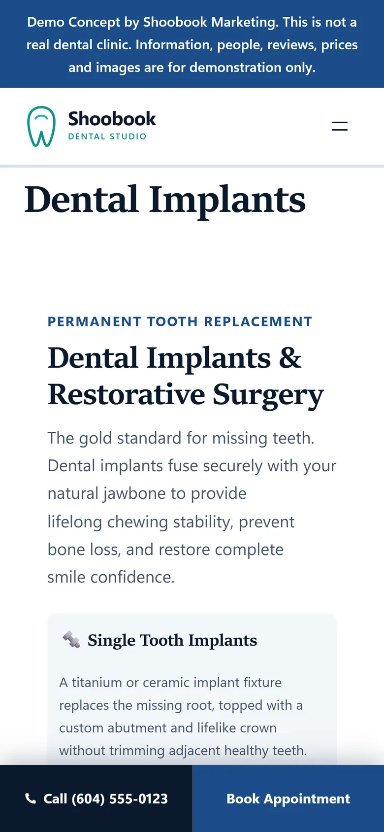 Dental implants treatment page on a phone, with the sticky Call and Book Appointment bar